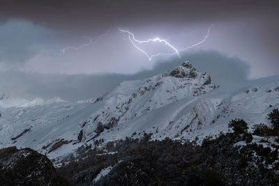 Scenic view of mountain range against sky during winter