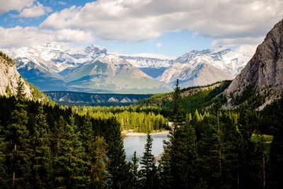 Scenic view of mountains and lake against cloudy sky