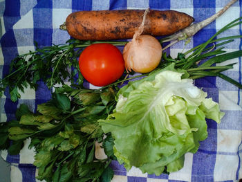 High angle view of fruits and vegetables