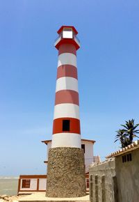 Low angle view of lighthouse against clear blue sky