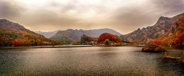 Scenic view of lake against cloudy sky