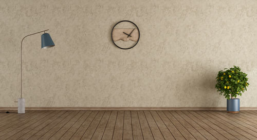 Potted plant by clock and lamp on floor against wall