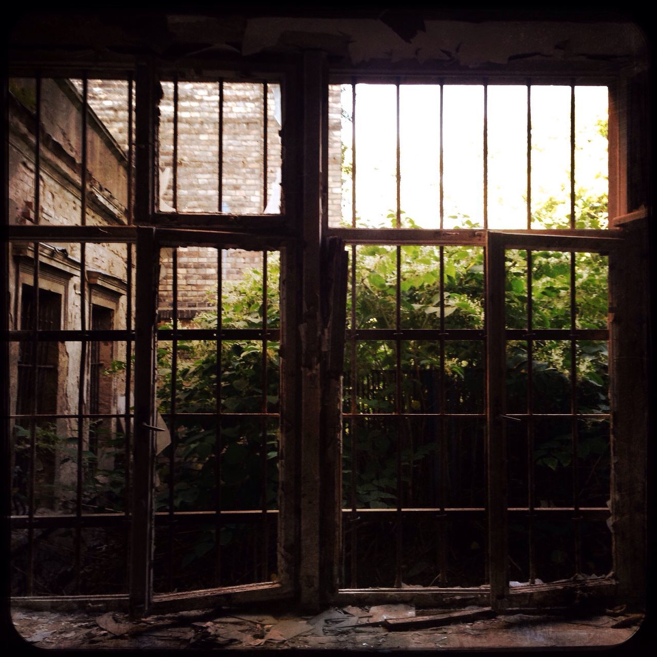 window, indoors, architecture, built structure, obsolete, damaged, deterioration, bad condition, day, weathered, geometric shape, green color, dirty