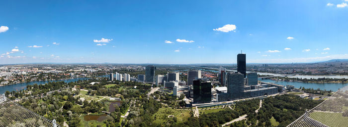 High angle view of buildings against sky