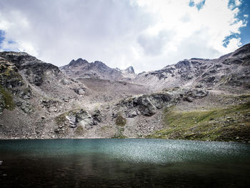 Scenic view of lake and mountains against sky