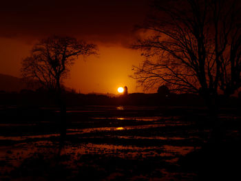 Silhouette trees on field against orange sky