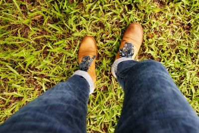 Low section of person wearing shoes on field