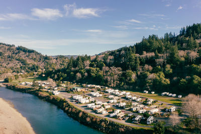 February 20, 2022 at rivers rv resort in brookings oregon usa next to chetco river. drone image.