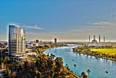View of cityscape against clear sky