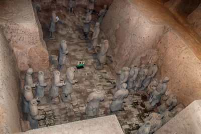 High angle view of ancient sculptures