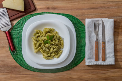 High angle view of breakfast on table