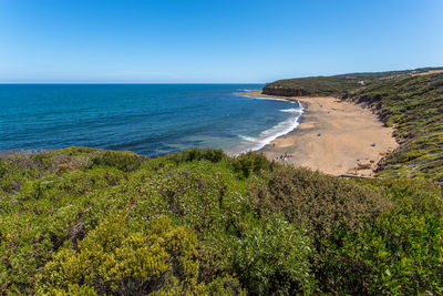 Scenic view of sea against clear blue sky