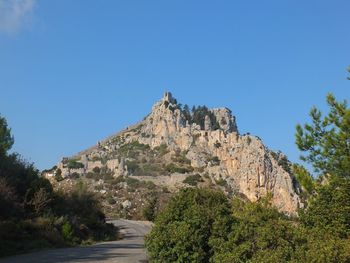 Low angle view of mountain against clear blue sky