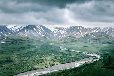 Scenic view of snowcapped mountains against sky