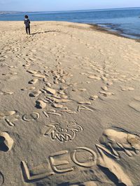 Boy standing at beach against sky