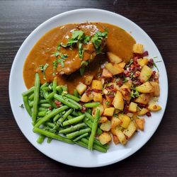 High angle view of food in plate on table