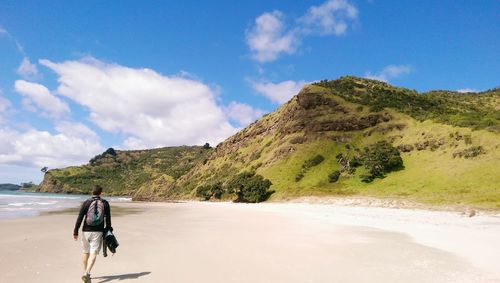 Rear view of man walking on sand at beach