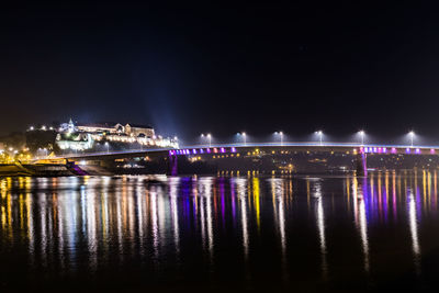 View of illuminated bridge over river at night