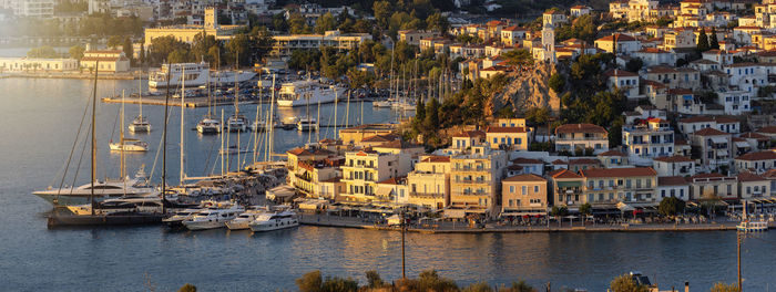 High angle view of city at harbor