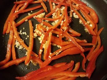 High angle view of chopped vegetables in container