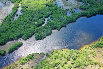 High angle view of land and sea