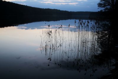 Scenic view of lake against sky at sunset