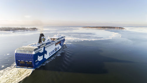 High angle view of nautical vessel on sea against sky