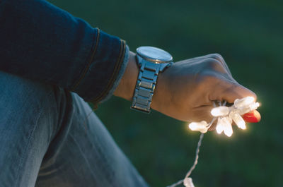 Cropped image of man holding illuminated string lights on field