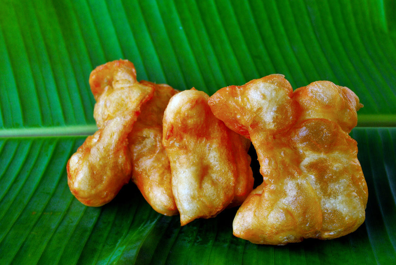 CLOSE-UP OF MEAT AND LEAVES