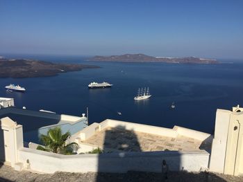 High angle view of boats moored at harbor