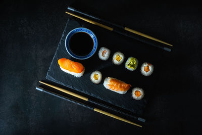 High angle view of sushi served on table