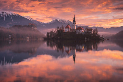 Scenic view of lake against sky during sunset