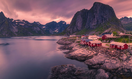 View of hamnoy during midnight sunset