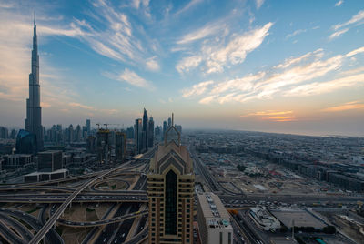 High angle view of cityscape against sky during sunset