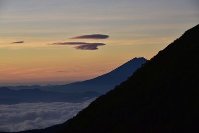 Scenic view of mountains against sky during sunset