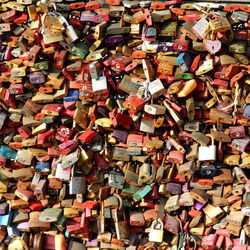 Full frame shot of padlocks hanging on railing