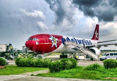 Red airplane on tree against sky