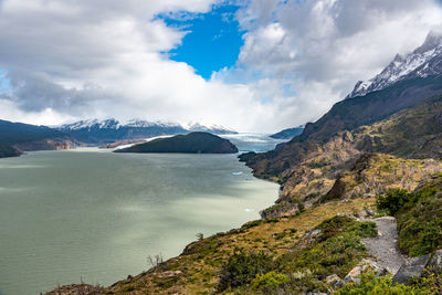 Scenic view of lake and mountains against sky