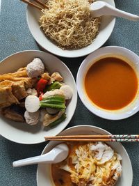 High angle view of lunch served on table