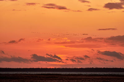 Scenic view of silhouette field against romantic sky at sunset