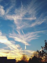 Low angle view of silhouette trees and buildings against sky