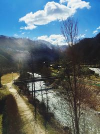 Bare trees by river against sky