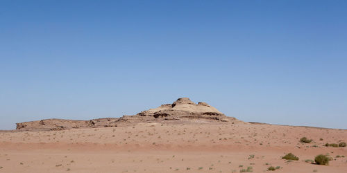 Scenic view of desert against clear blue sky