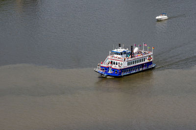 High angle view of ship sailing on sea