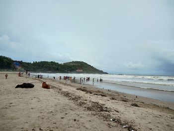 Group of people on beach against sky