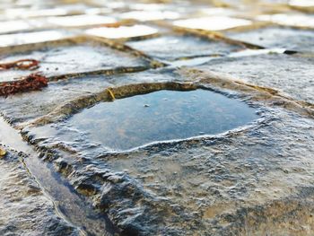 High angle view of water puddle on paving stone