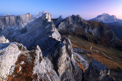 Panoramic view of snowcapped mountains against clear sky