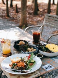 Food and drink served on table