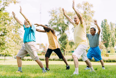 Rear view of friends playing on grass