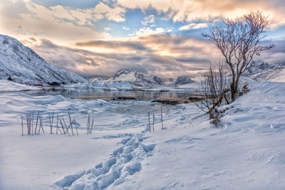 Snow covered landscape against sky